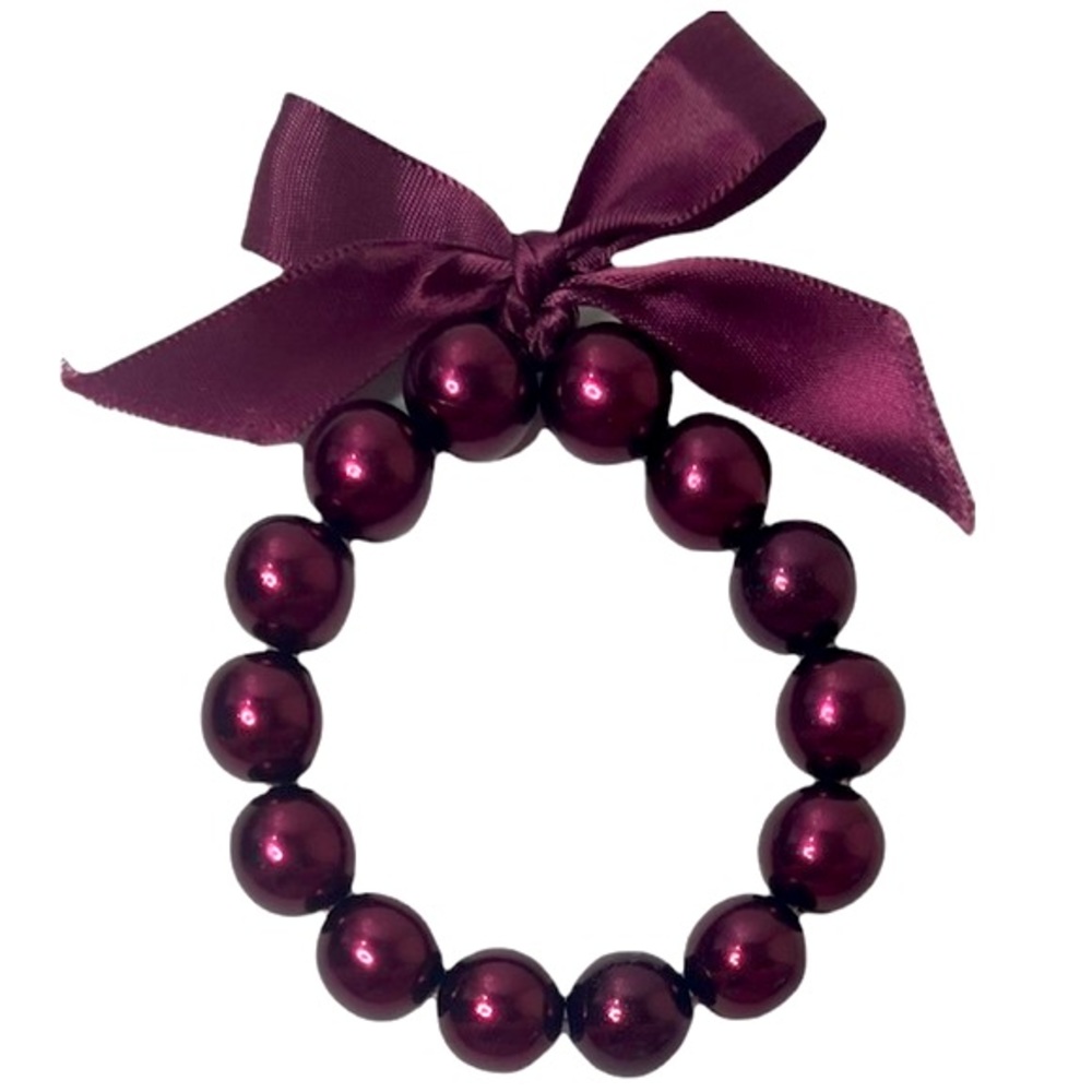 Lustrous Pearlescent Burgundy Crimson Berry Beaded Bow Ribbon Bracelet